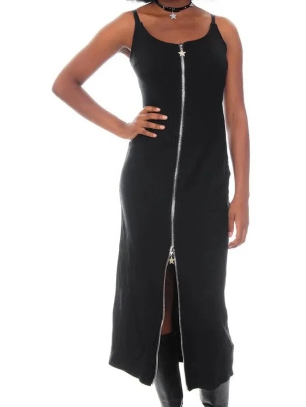 Black Zip-Front Maxi Dress with Star Zipper Pull